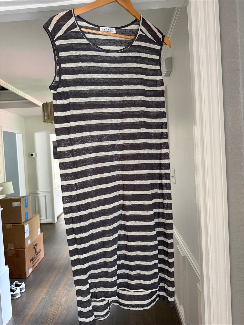 Velvet Black and White Striped Sleeveless Midi Dress